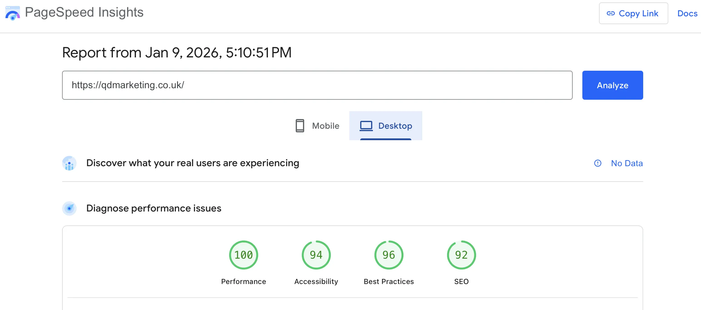 Google PageSpeed performance example